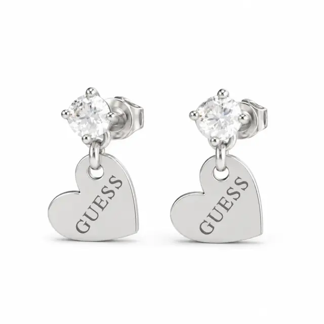 Guess Crystal & 10mm Heart Charm Silver Plated Earrings - JUBE01083 JWRHT/U