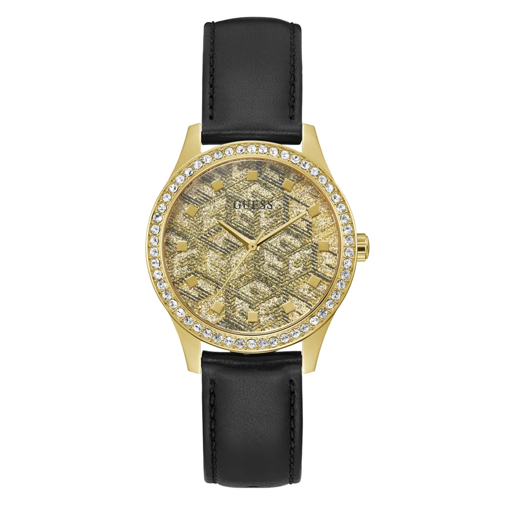 Guess G Gloss Ladies Gold Tone Black Leather Watch - GW0608L2