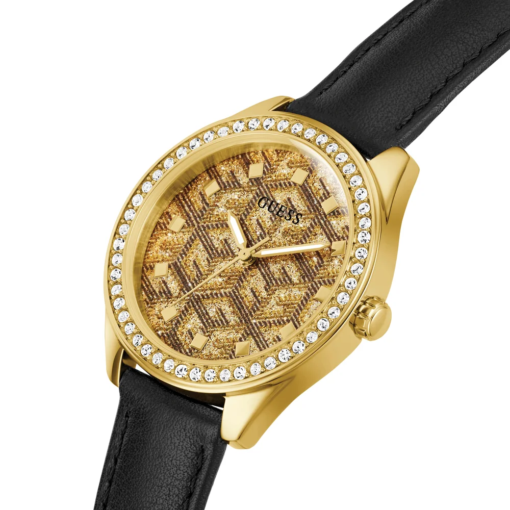 Guess G Gloss Ladies Gold Tone Black Leather Watch - GW0608L2