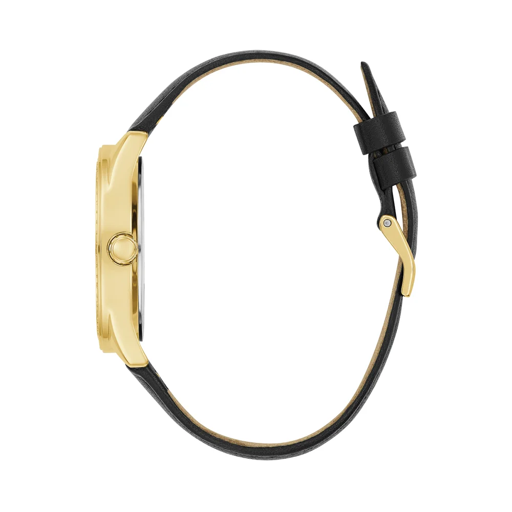 Guess G Gloss Ladies Gold Tone Black Leather Watch - GW0608L2