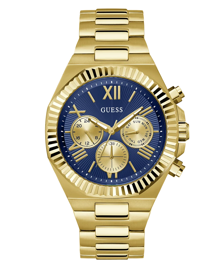 Guess Gents Equity Blue Dial, Gold Tone Case & band Multi-Fumction Watch - GW0703G6