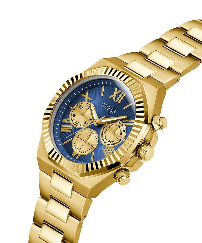 Guess Gents Equity Blue Dial, Gold Tone Case & band Multi-Fumction Watch - GW0703G6