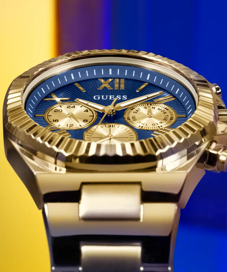 Guess Gents Equity Blue Dial, Gold Tone Case & band Multi-Fumction Watch - GW0703G6