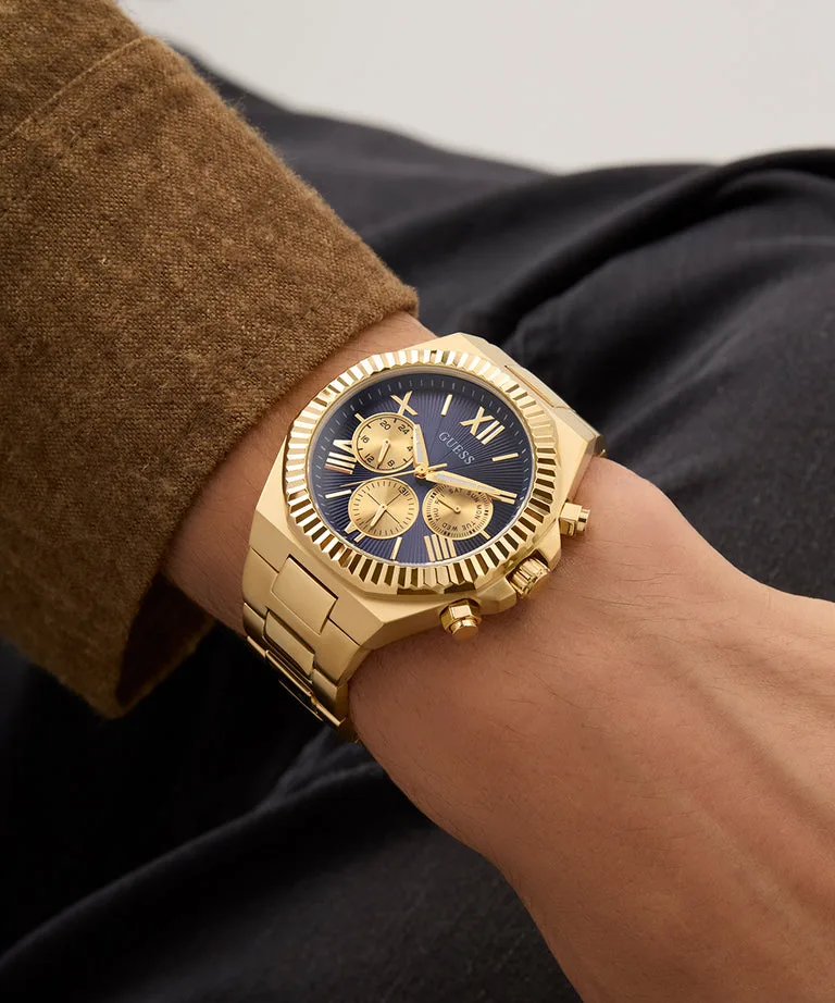 Guess Gents Equity Blue Dial, Gold Tone Case & band Multi-Fumction Watch - GW0703G6