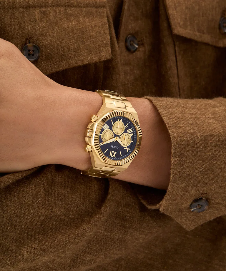 Guess Gents Equity Blue Dial, Gold Tone Case & band Multi-Fumction Watch - GW0703G6