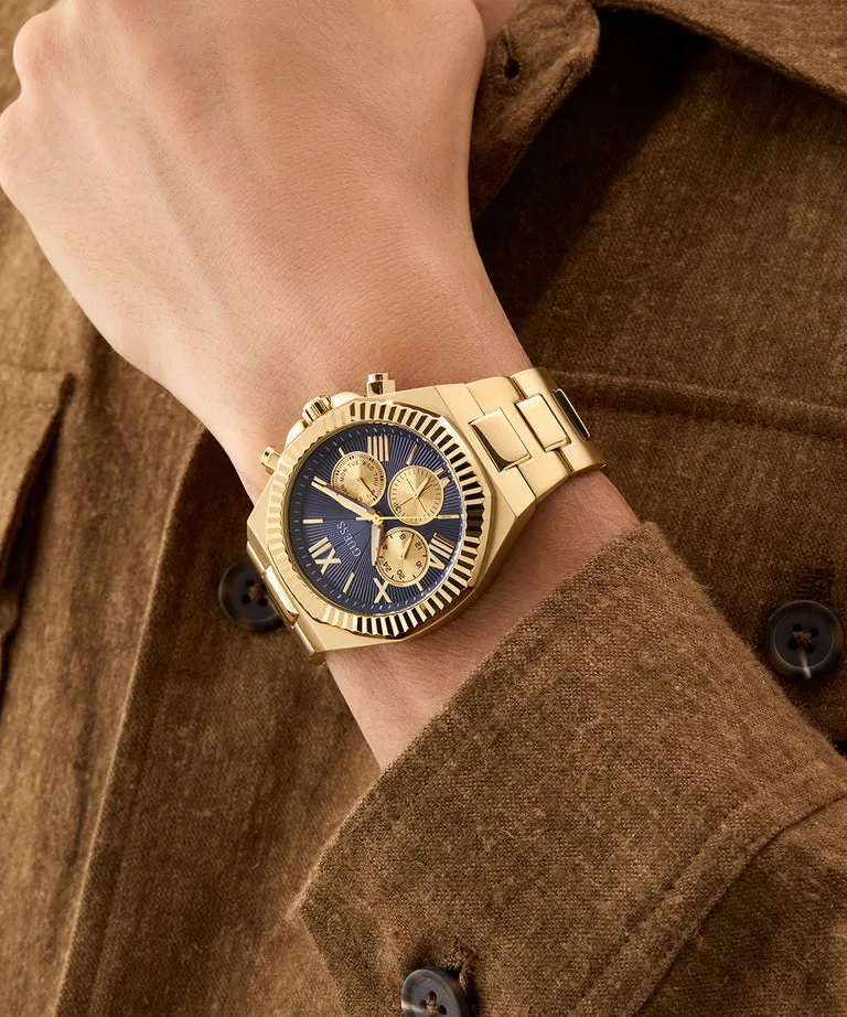 Guess Gents Equity Blue Dial, Gold Tone Case & band Multi-Fumction Watch - GW0703G6