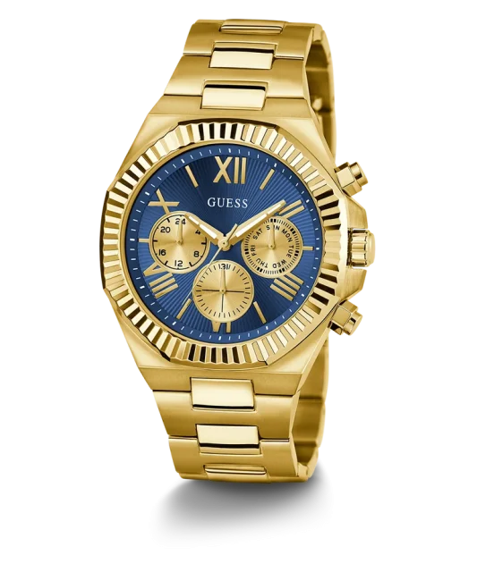 Guess Gents Equity Blue Dial, Gold Tone Case & band Multi-Fumction Watch - GW0703G6