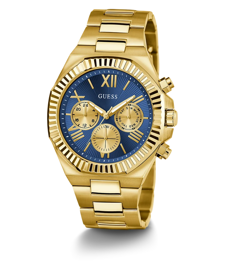 Guess Gents Equity Blue Dial, Gold Tone Case & band Multi-Fumction Watch - GW0703G6