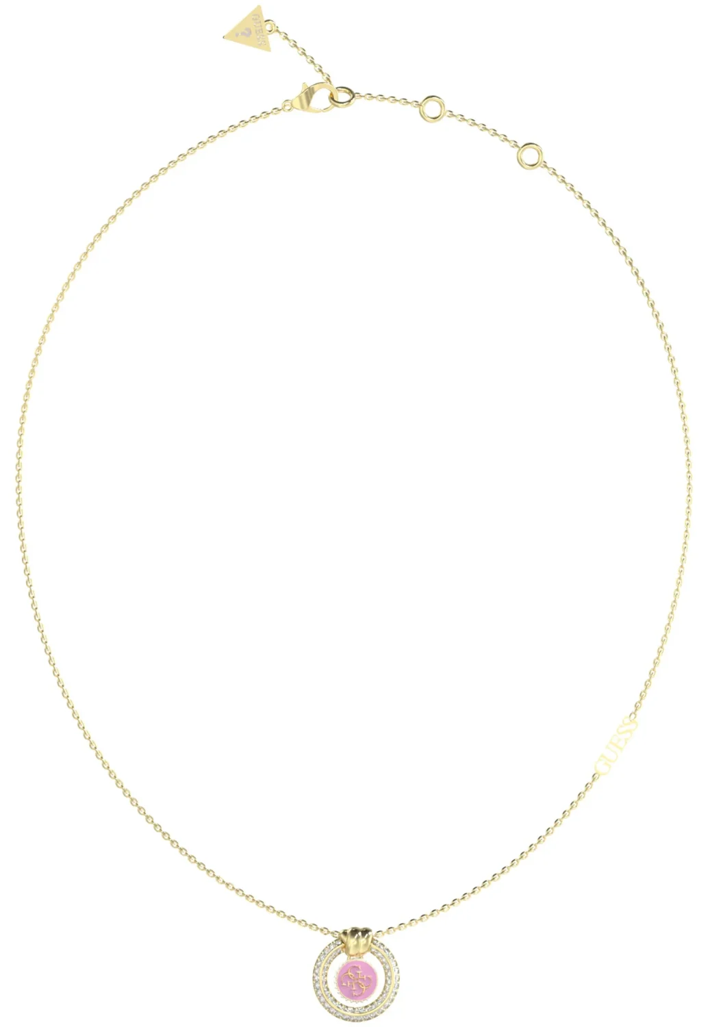 Guess Gold Tone 16"-18" 4G Logo Knot You Pink Crystal Necklace