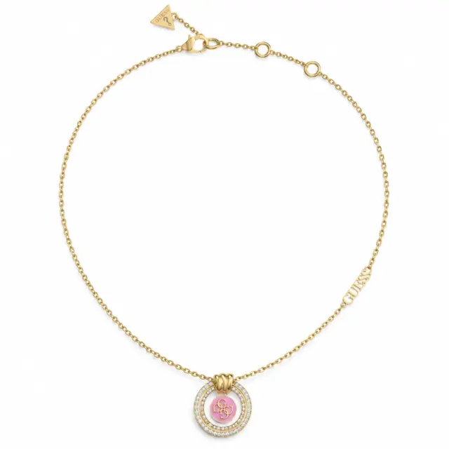 Guess Gold Tone 16"-18" 4G Logo Knot You Pink Crystal Necklace