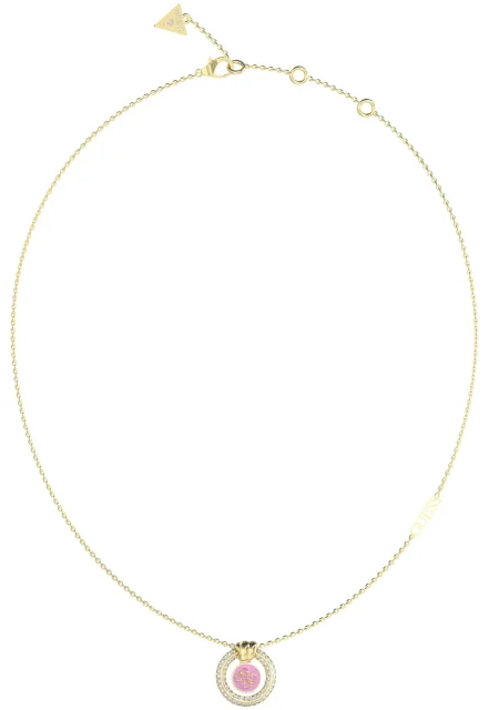 Guess Gold Tone 16"-18" 4G Logo Knot You Pink Crystal Necklace
