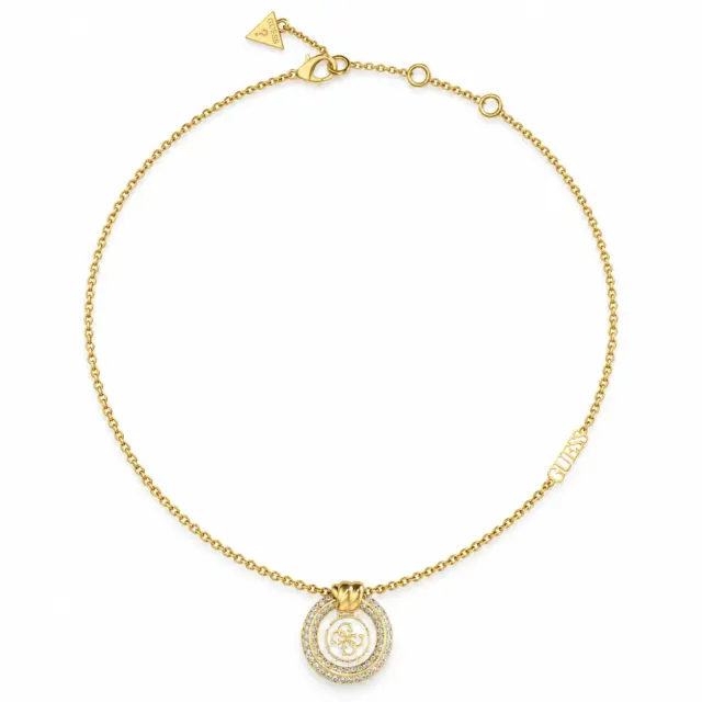 Guess Gold Tone 16"-18" 4G Logo Knot You White Crystal Necklace