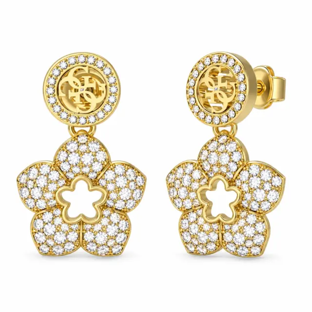 Guess Gold Tone 4G & Pave Flower Pendant Drop Earrings
