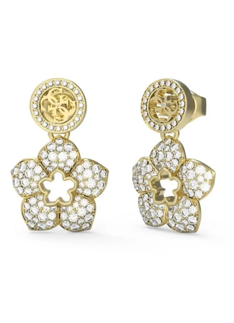 Guess Gold Tone 4G & Pave Flower Pendant Drop Earrings