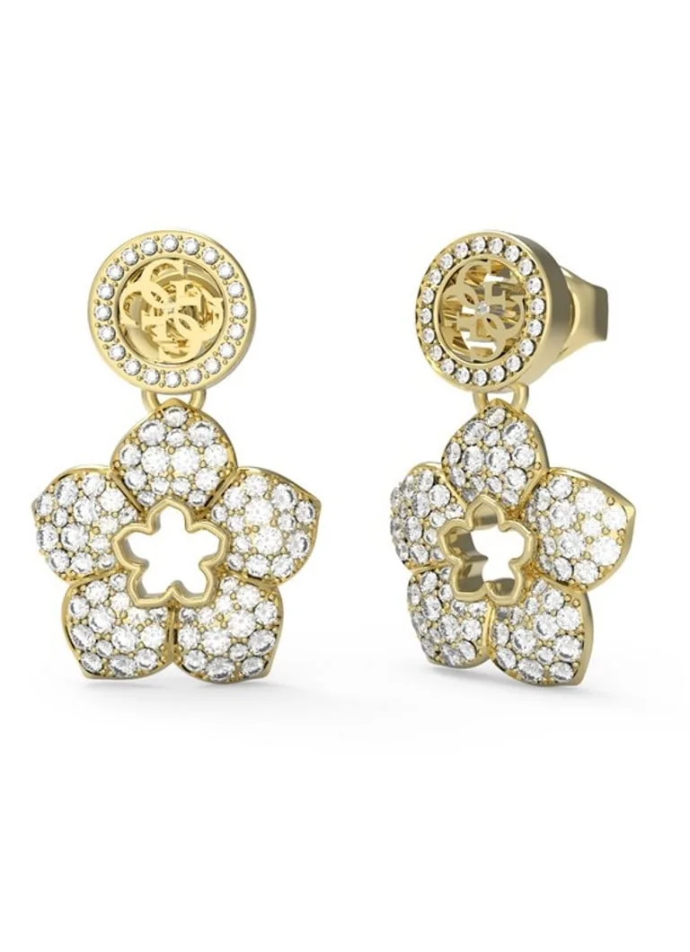 Guess Gold Tone 4G & Pave Flower Pendant Drop Earrings