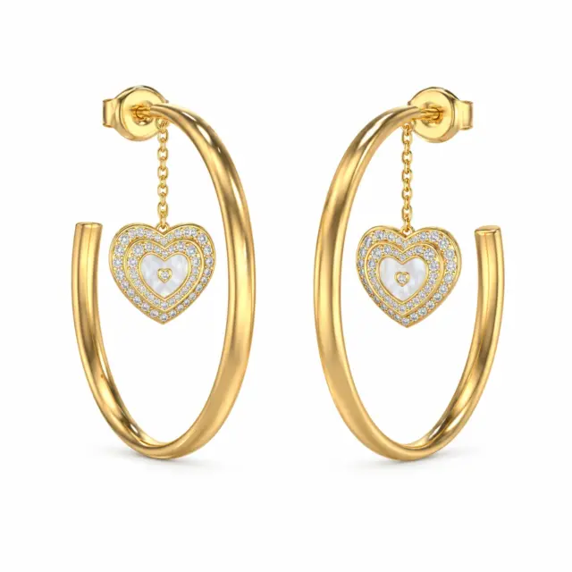 Guess Gold Tone 50mm Mother of Pearl & Crystals Amami Heart Hoop Stud Earrings