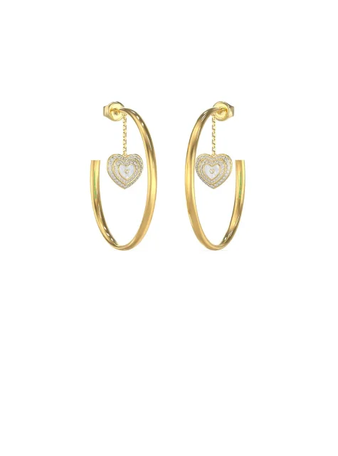 Guess Gold Tone 50mm Mother of Pearl & Crystals Amami Heart Hoop Stud Earrings