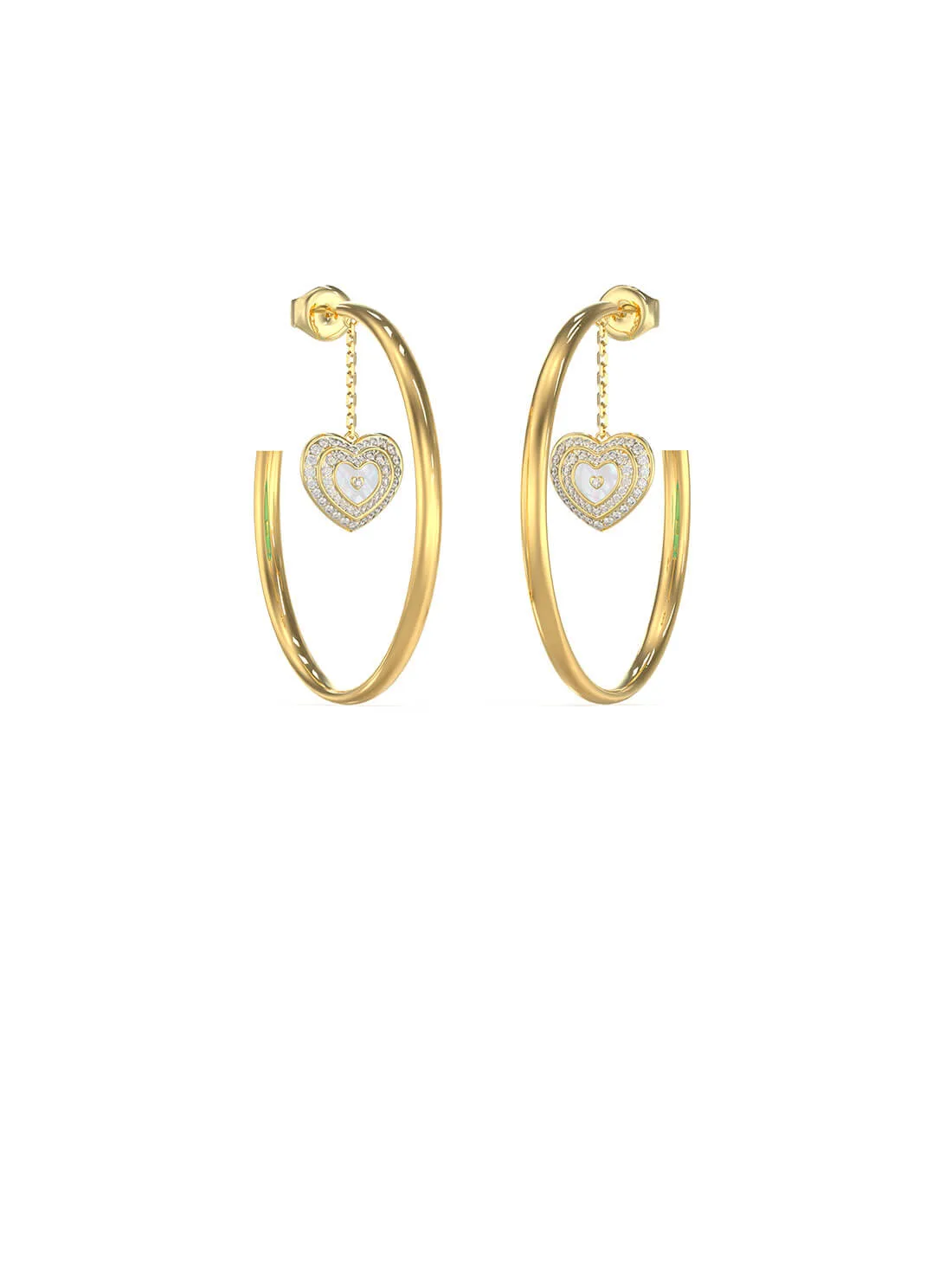 Guess Gold Tone 50mm Mother of Pearl & Crystals Amami Heart Hoop Stud Earrings