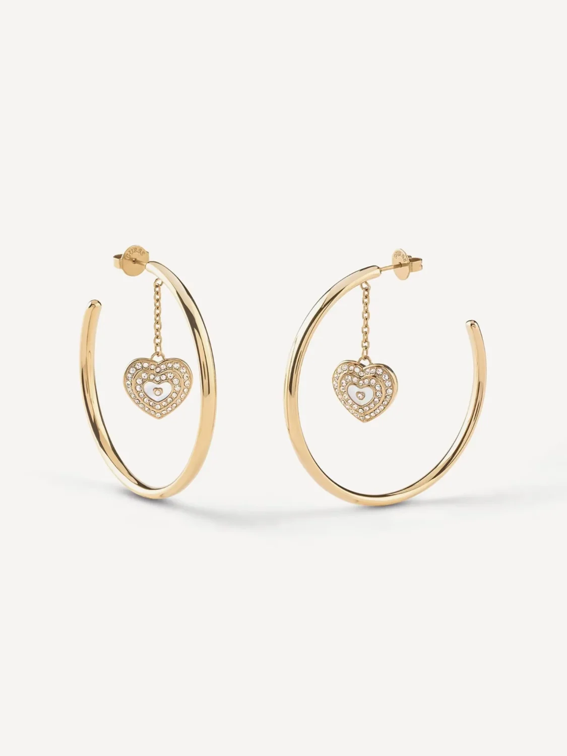 Guess Gold Tone 50mm Mother of Pearl & Crystals Amami Heart Hoop Stud Earrings