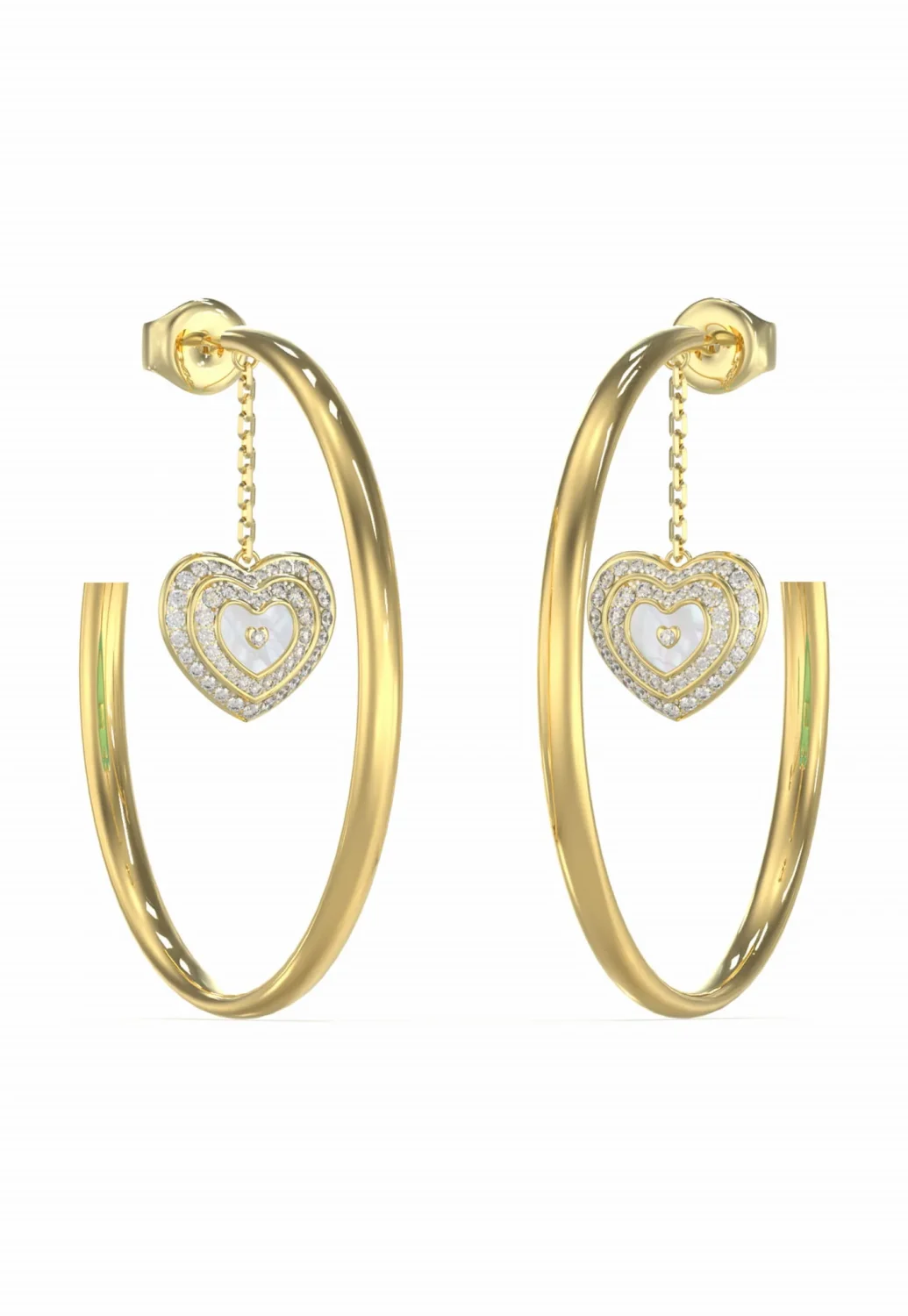 Guess Gold Tone 50mm Mother of Pearl & Crystals Amami Heart Hoop Stud Earrings