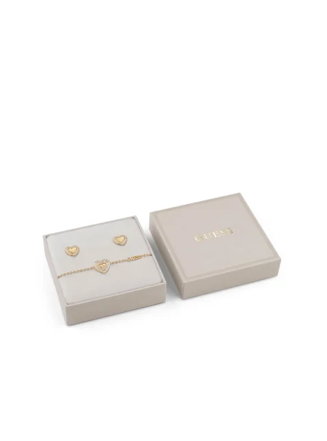 Guess Gold Tone Amami Crystal Heart Bracelet and Stud Earring Set