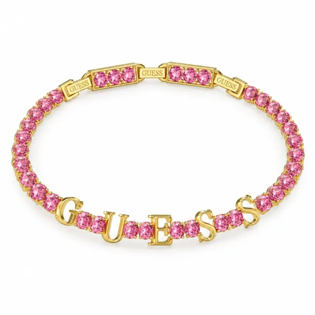 Guess Gold Tone Arm Party Pink Logo Tennis Bracelet
