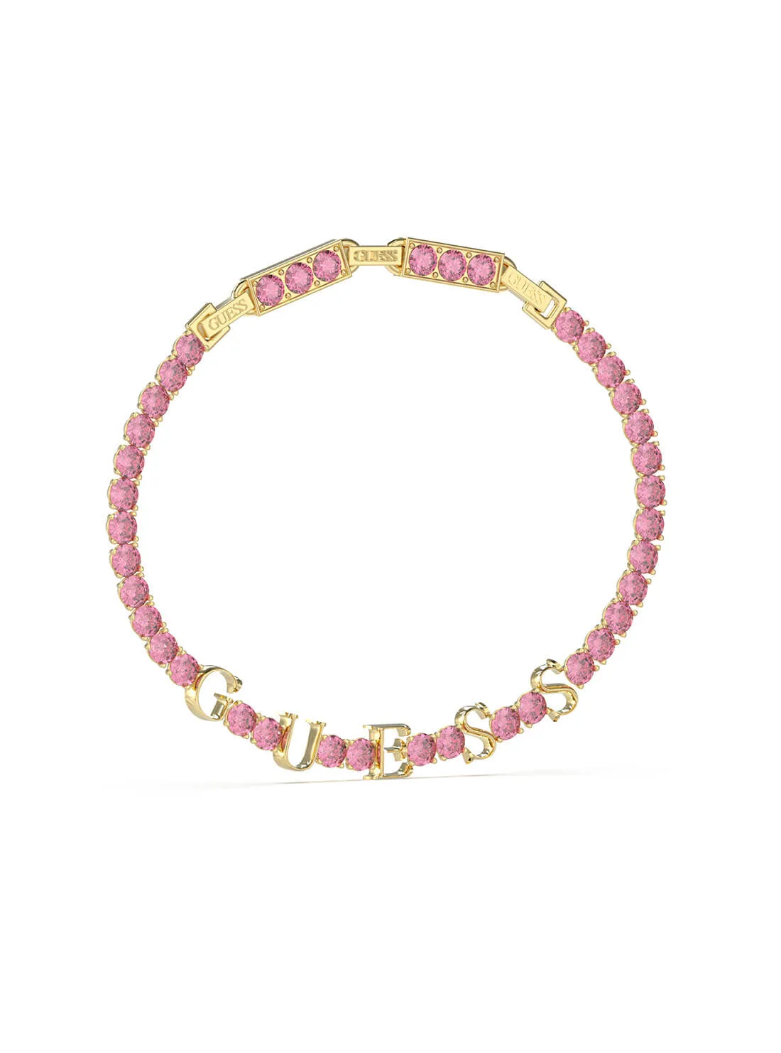 Guess Gold Tone Arm Party Pink Logo Tennis Bracelet