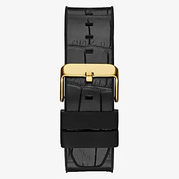 GUESS GOLD TONE CASE BLACK GENUINE CROCO LEATHER/SILICONE STRAP MANS WATCH - GW0492G3