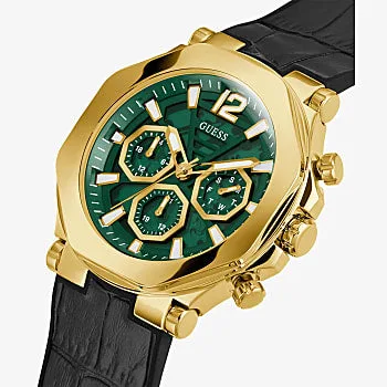 GUESS GOLD TONE CASE BLACK GENUINE CROCO LEATHER/SILICONE STRAP MANS WATCH - GW0492G3