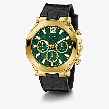 GUESS GOLD TONE CASE BLACK GENUINE CROCO LEATHER/SILICONE STRAP MANS WATCH - GW0492G3