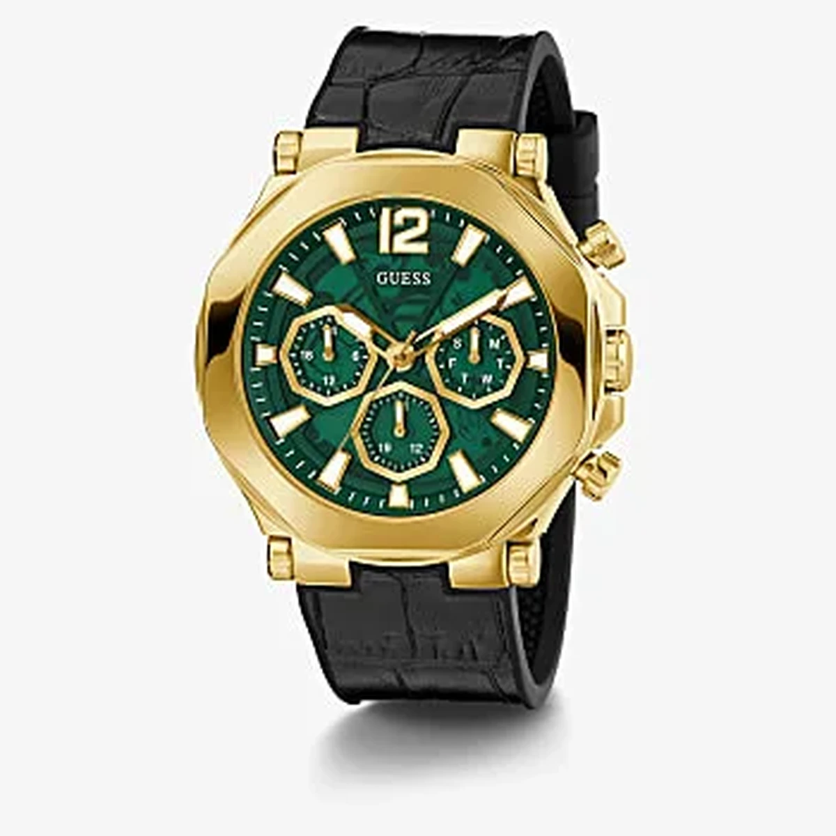 GUESS GOLD TONE CASE BLACK GENUINE CROCO LEATHER/SILICONE STRAP MANS WATCH - GW0492G3