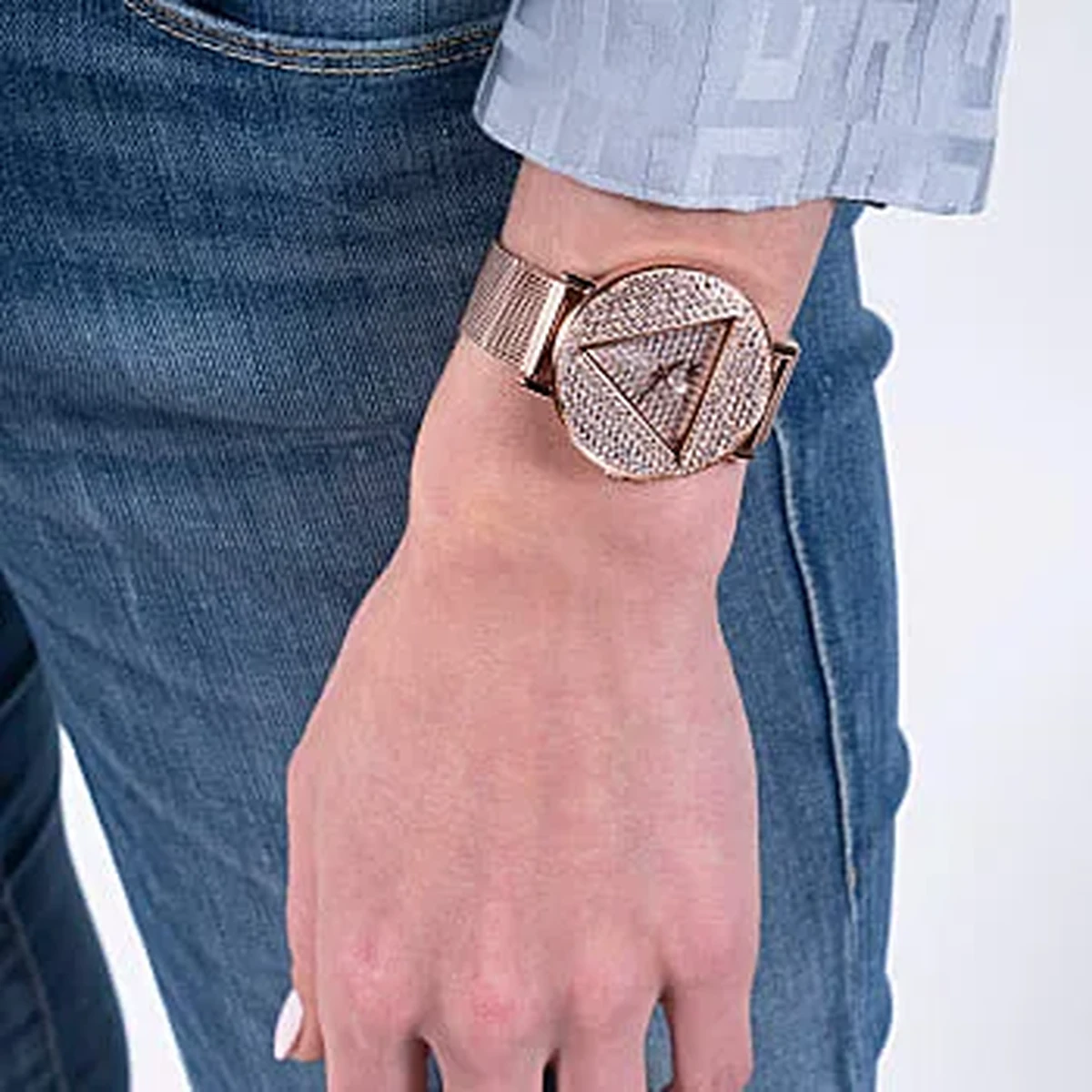 Guess Iconic Rose Gold Glitz Dial Rose Gold Tone Case & Rose Gold Tone Stainless Steel Mesh Strap Watch - GW0477L3