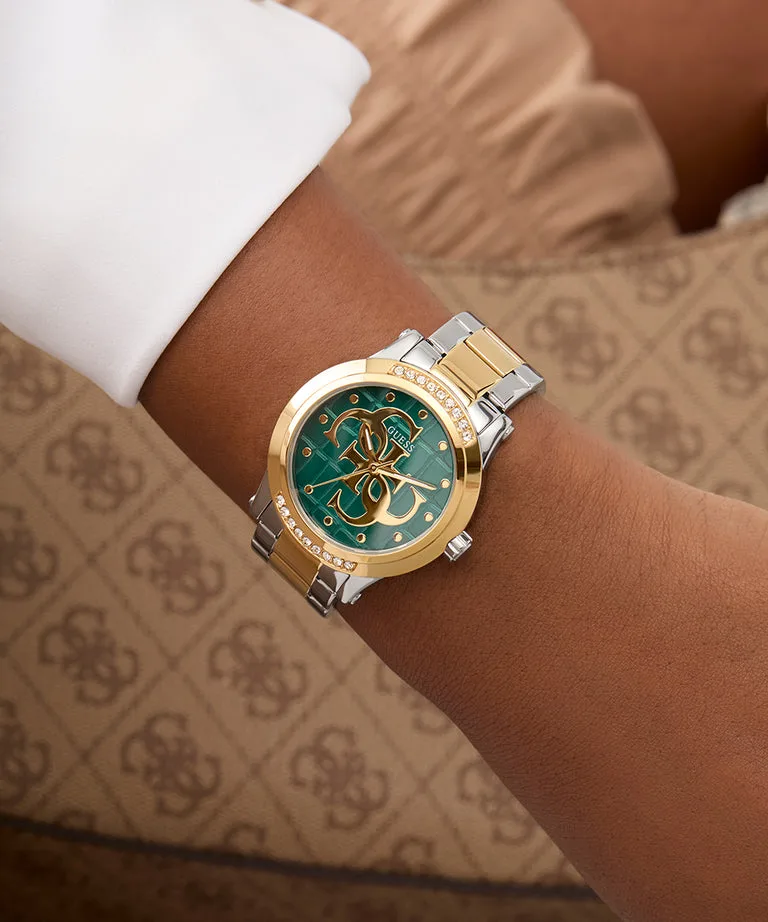 Guess Ladies Annette Two-Tone Green Dial, Gold Case, Two-Tone Band - GW0861L4