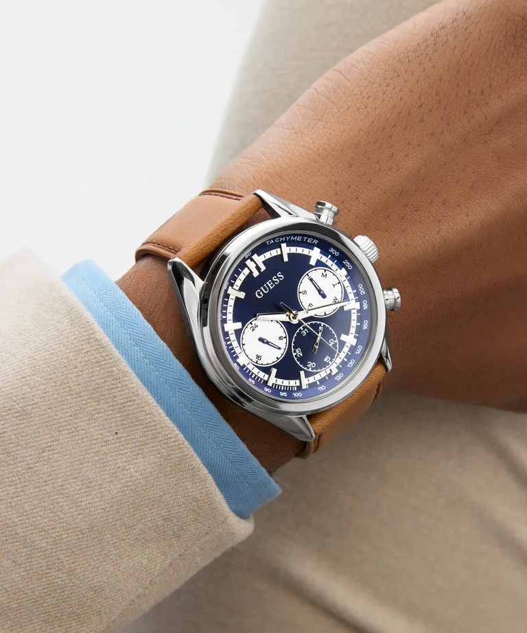 GUESS Mens Brown Silver Tone Multi-function Watch - GW0972G1