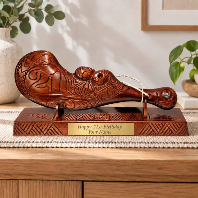 Hand Carved 21st Wahaika on Base with Island Patterns with Paua Shell Eyes
