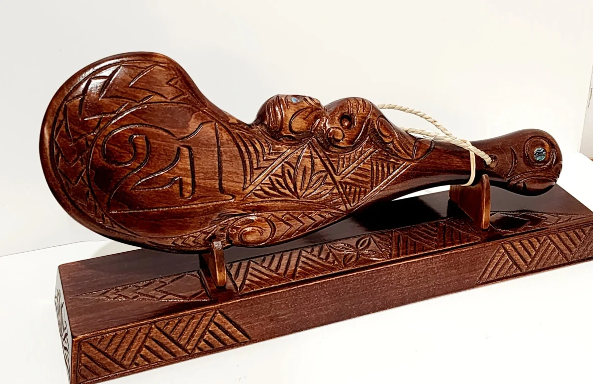 Hand Carved 21st Wahaika on Base with Island Patterns with Paua Shell Eyes