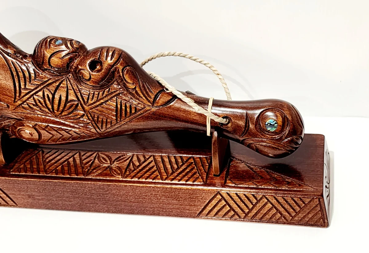 Hand Carved 21st Wahaika on Base with Island Patterns with Paua Shell Eyes