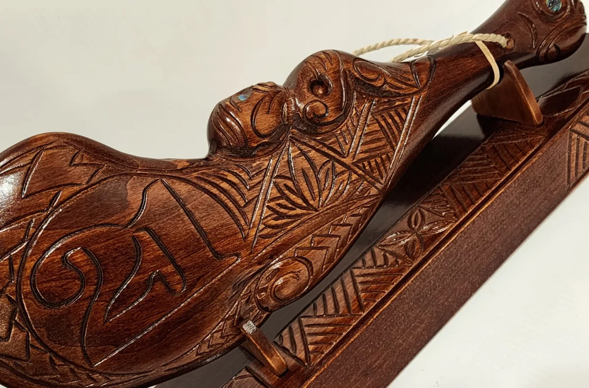 Hand Carved 21st Wahaika on Base with Island Patterns with Paua Shell Eyes