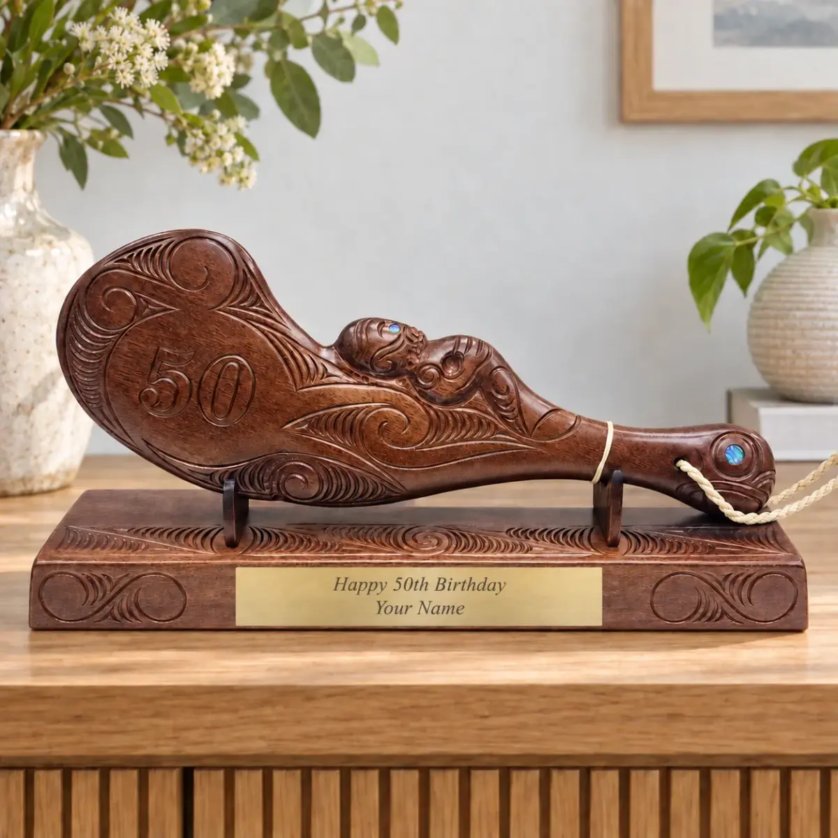 Hand Carved 50th Wahaika on Base with Island Patterns with Paua Shell Eyes