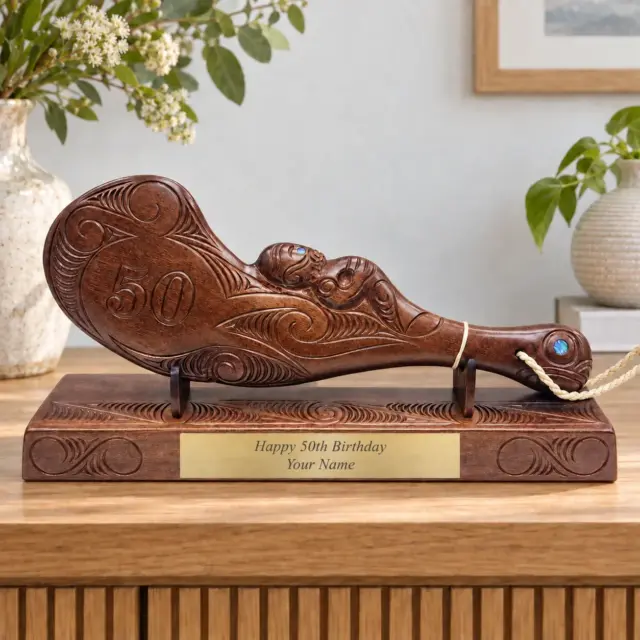Hand Carved 50th Wahaika on Base with Island Patterns with Paua Shell Eyes