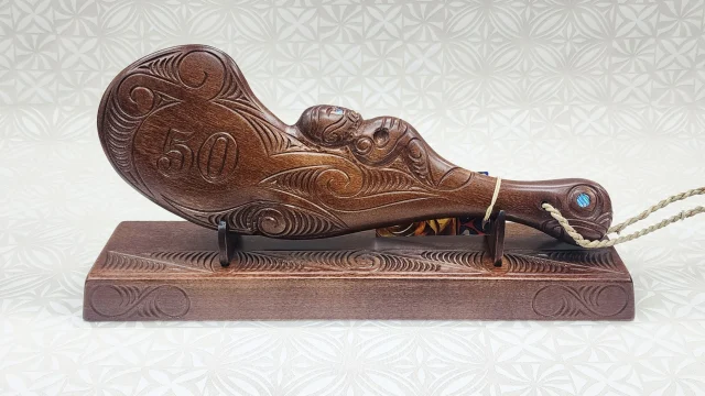 Hand Carved 50th Wahaika on Base with Island Patterns with Paua Shell Eyes