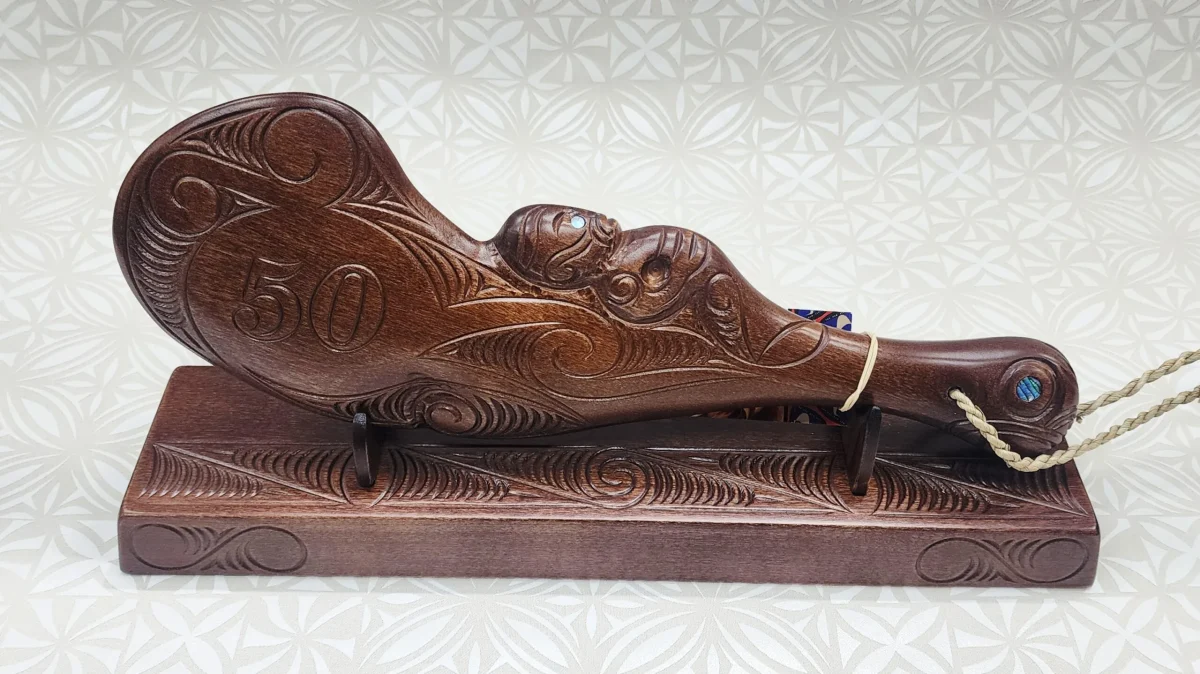 Hand Carved 50th Wahaika on Base with Island Patterns with Paua Shell Eyes