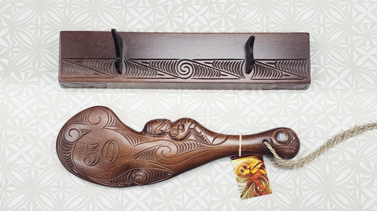 Hand Carved 50th Wahaika on Base with Island Patterns with Paua Shell Eyes