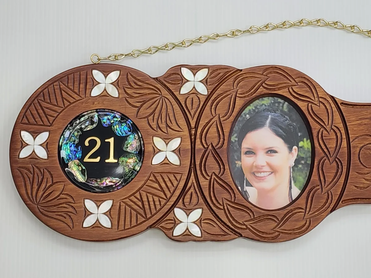 Hand Carved Island Design 21st Birthday Key with Photo Frame & Paua Inlay - WM439