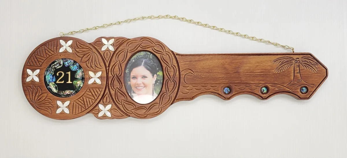 Hand Carved Island Design 21st Birthday Key with Photo Frame & Paua Inlay - WM439