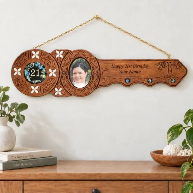 Hand Carved Island Design 21st Birthday Key with Photo Frame & Paua Inlay - WM439
