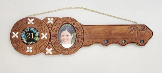 Hand Carved Island Design 21st Birthday Key with Photo Frame & Paua Inlay - WM439