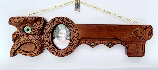Hand Carved Large 21st Key with Maori Carving and Manaia - WM432
