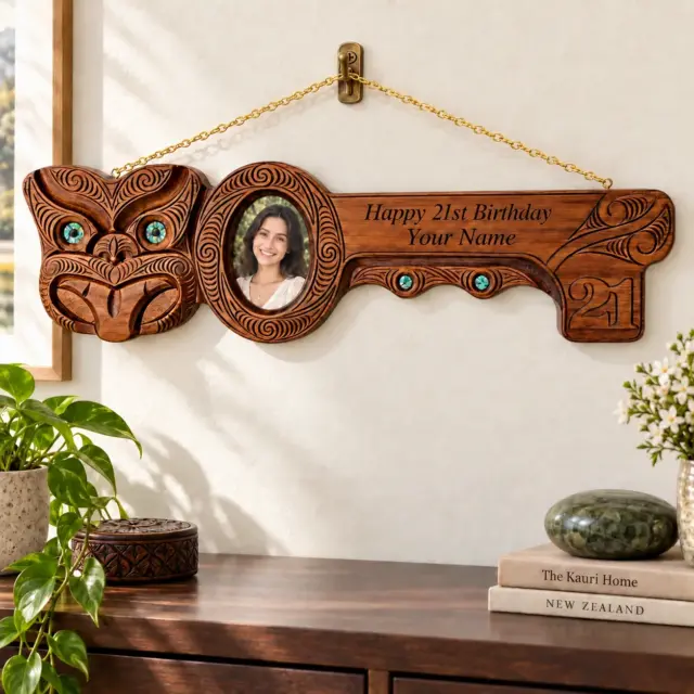 Hand Carved Large 21st Key with Maori Carving and Mask
