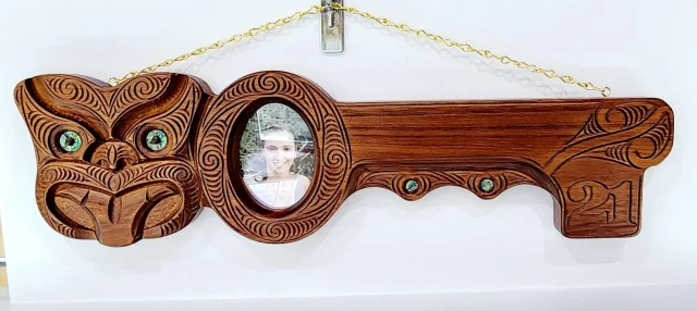 Hand Carved Large 21st Key with Maori Carving and Mask